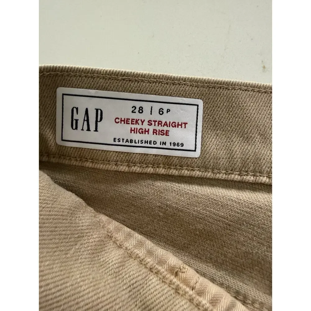 GAP Cheeky Straight High Rise 28 6P Pants Khaki Womans Denim Brown Raw Hem